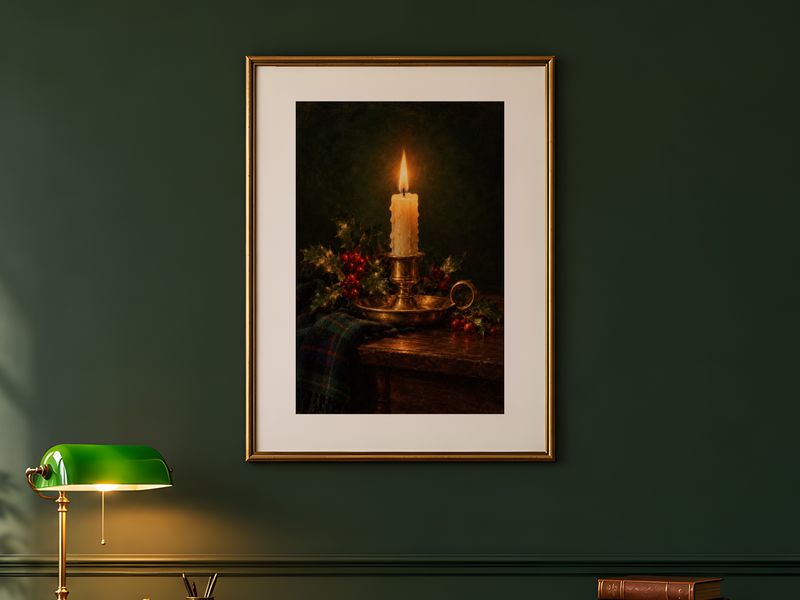Candle and Holly Still Life, framed on a wall