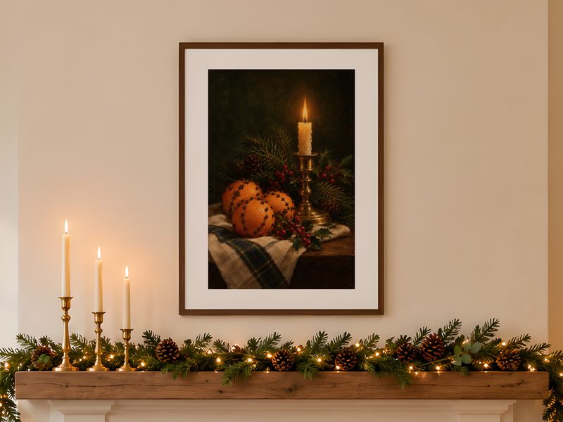 Clove Oranges Christmas Still Life, framed on a wall