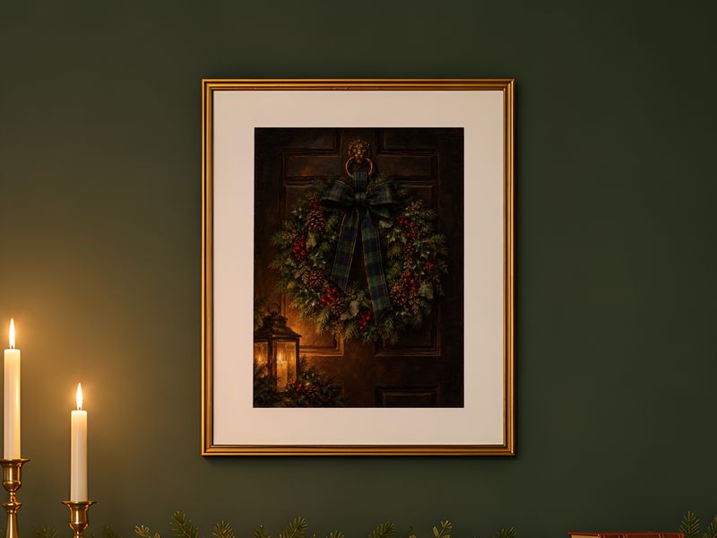 Christmas Wreath with Tartan Bow, framed on a wall