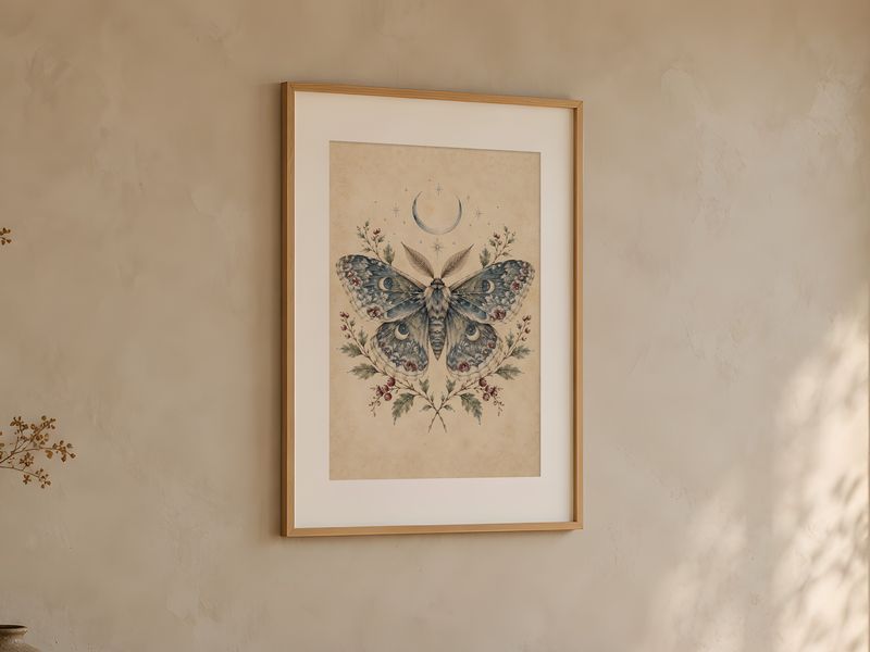 Moon and Moth, framed on a wall